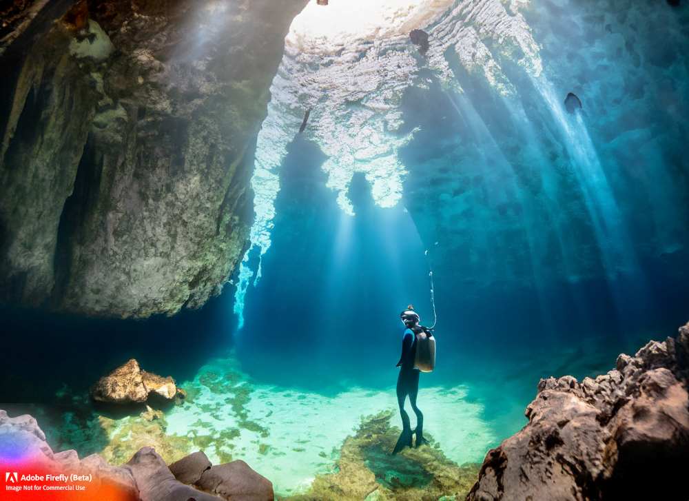 A diver marvels at the ethereal beauty of a sunlit cenote, surrounded by captivating rock formations.
