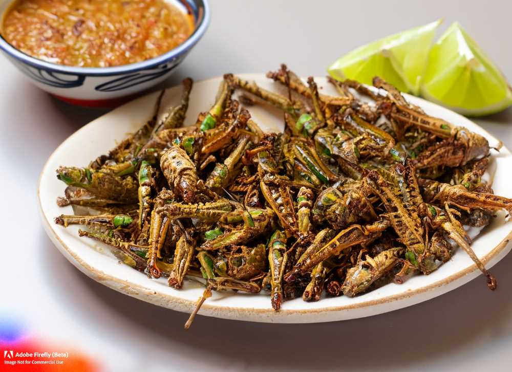 A plate of crispy chapulines seasoned with garlic and lemon mojo, a traditional Oaxacan snack.