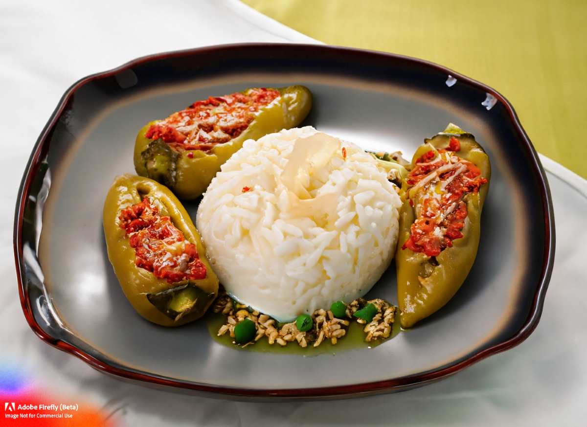 A serving dish with stuffed chiles and white rice: Elevate your Mexican cuisine game.