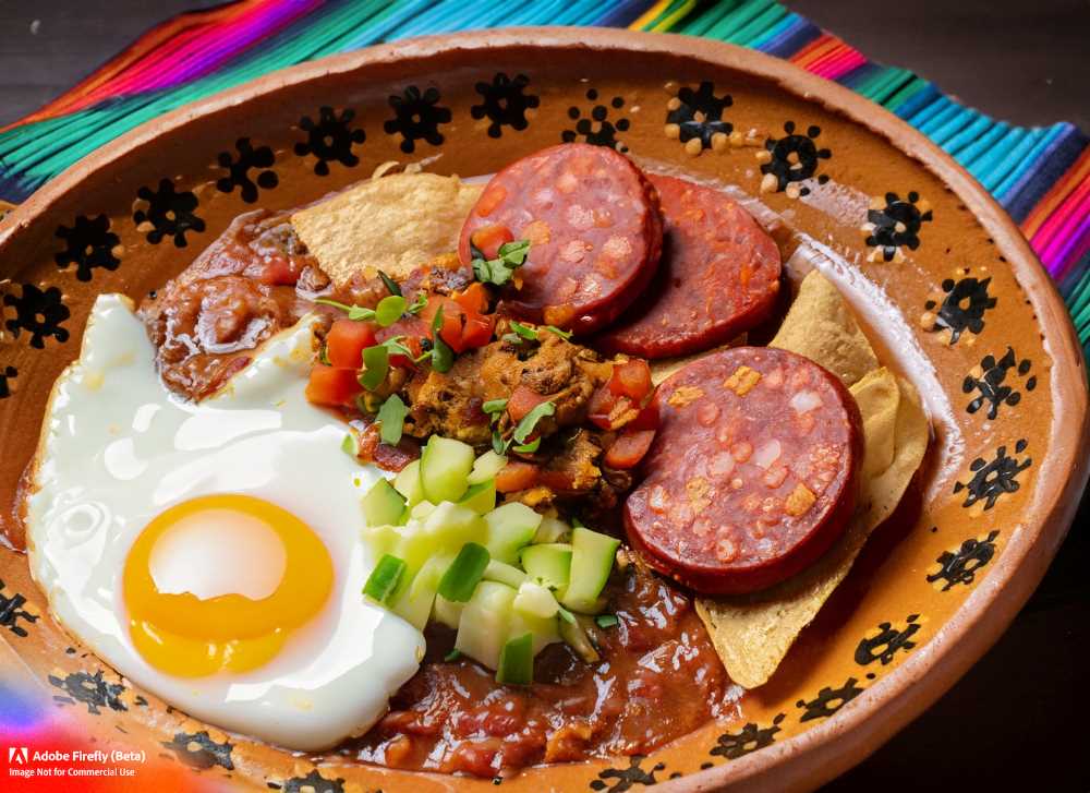 A traditional Mexican chorizo dish with eggs and vegetables.