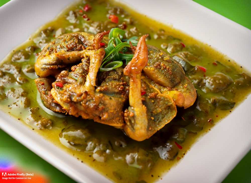 Fried to golden perfection and simmered in a tangy and spicy green sauce, frog in green sauce.