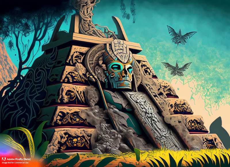 Graphic art depicting the fusion of nature and Mayan history.