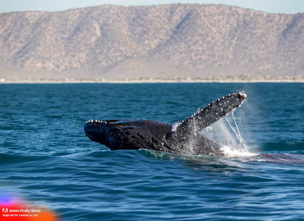 Gray whales breach in the lagoons of Baja California Sur during their annual migration.