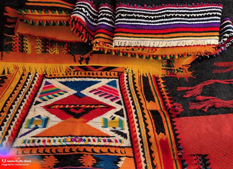 Vibrant colors and intricate designs are hallmarks of Temoaya rugs, created by adapting traditional Otomí designs.