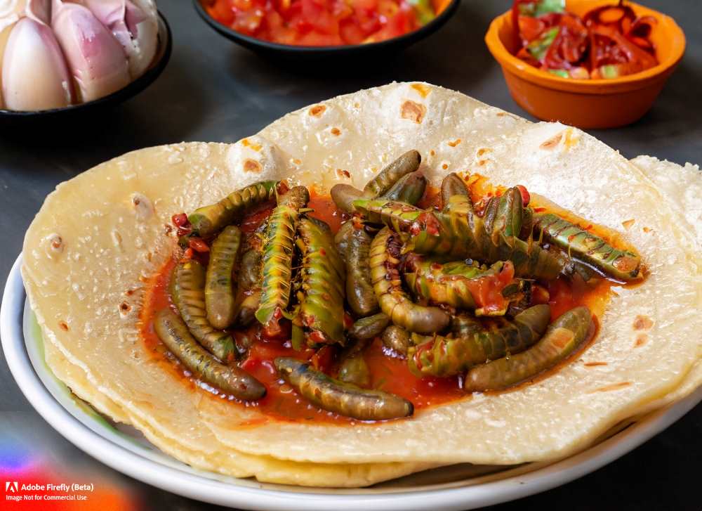 Nopal worms, the larvae of a white butterfly that lives in the leaves of the nopal cactus, are cooked in a sauce.