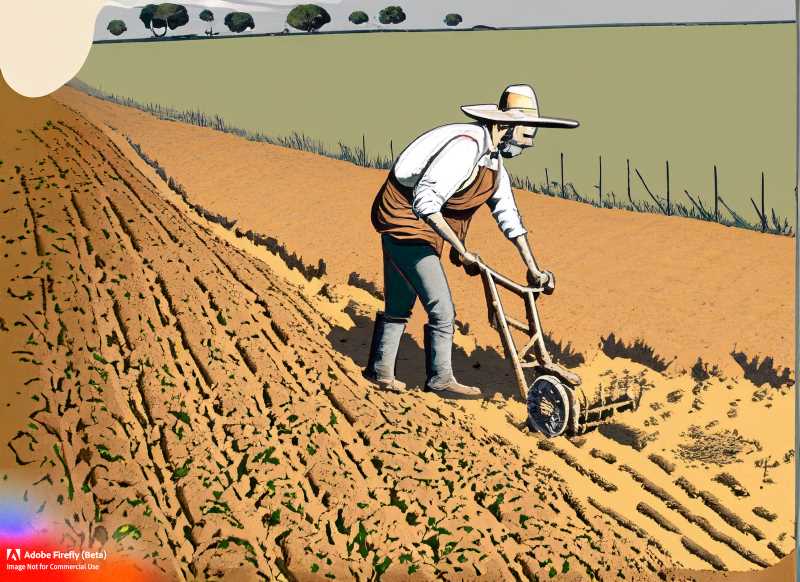 A farmer plows the land, creating parallel furrows using the besana technique.