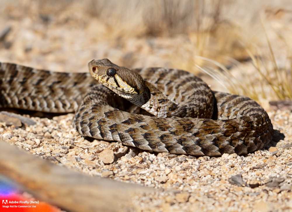  A Western Diamondback Rattlesnake basks in the sun in its desert habitat in Mexico.