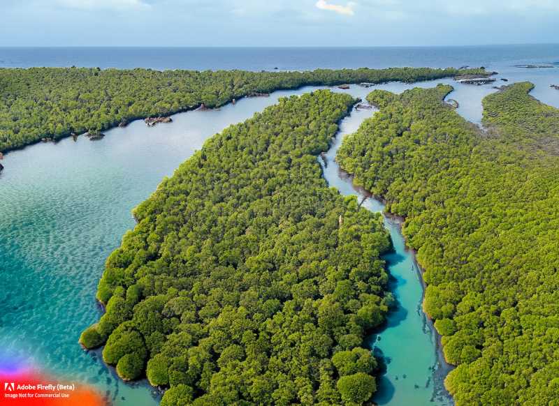 A breathtaking aerial shot of a dense mangrove forest along a tropical coastline, home to a variety of wildlife.