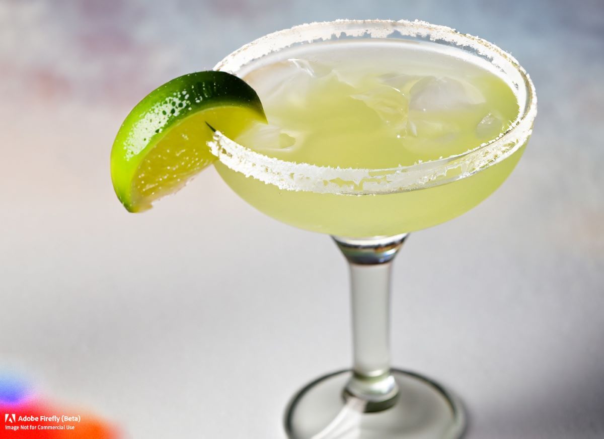 A classic margarita with salt-rimmed glass and lime wedge garnish, the iconic Mexican cocktail.