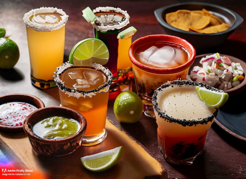 A delicious spread of traditional Mexican beverages including tequila, mezcal, horchata, and micheladas.