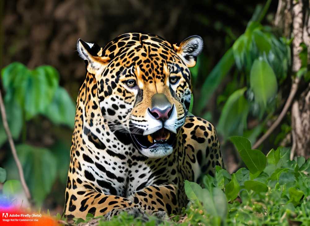 A jaguar, one of Mexico's most iconic and majestic mammals, spotted in the wild at the edge of a dense jungle.