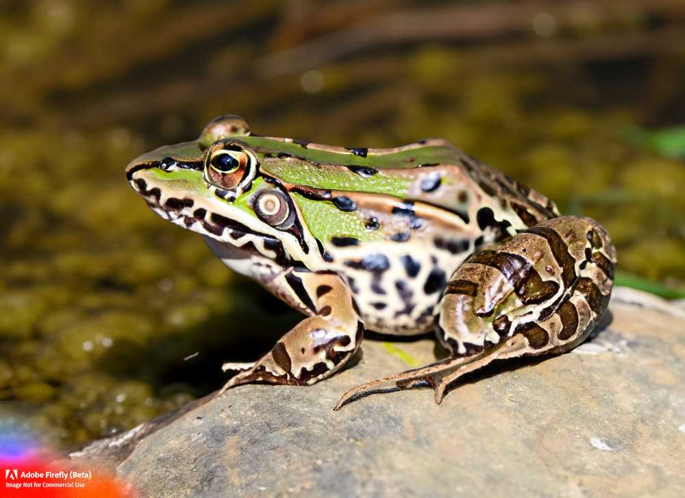 A northern leopard frog (Lithobates pipiens) perched on a rock in a wetland habitat in Mexico.