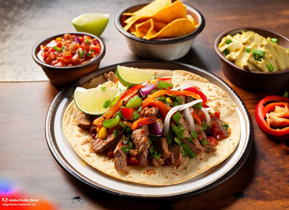 A plate of sizzling fajitas, a classic Tex-Mex dish that features grilled meat and veggies.