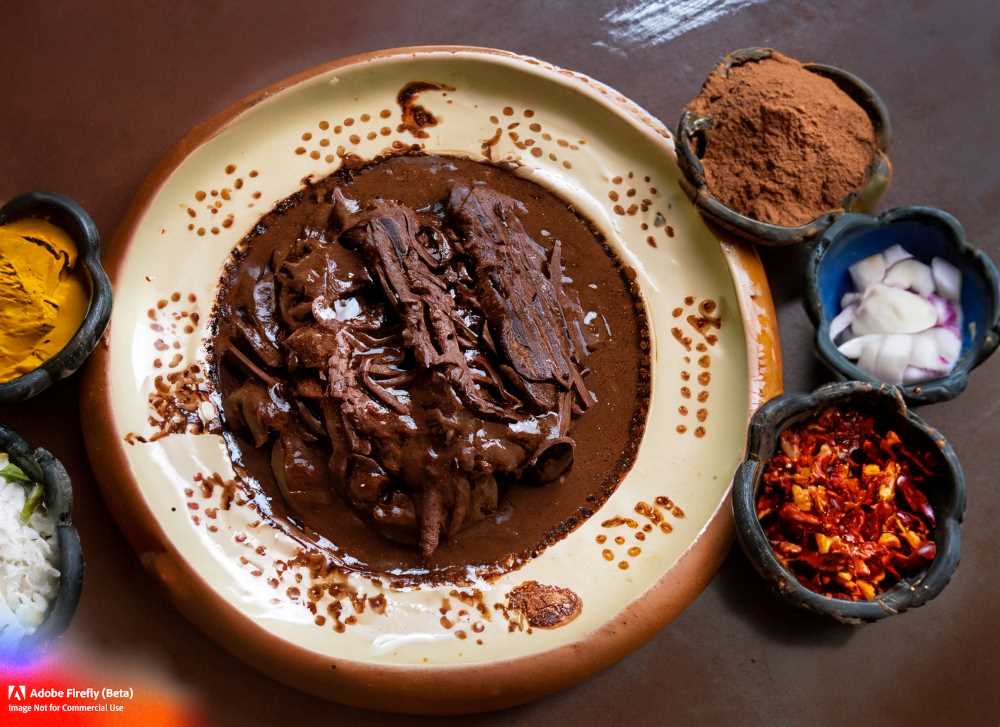A plate of traditional Oaxacan mole, made with over 30 different ingredients, including chiles, spices, and chocolate.