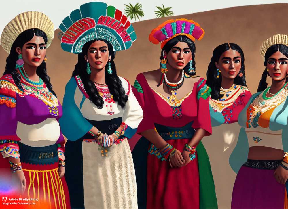 A group of indigenous Mexican women proudly displaying their traditional clothing.