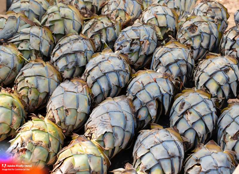 Piñas of the blue agave plant ready for roasting, the first step in tequila production.