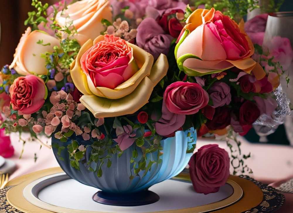 An enchanting tablescape adorned with a vibrant bouquet of roses, showcasing the artistry of tablescaping.