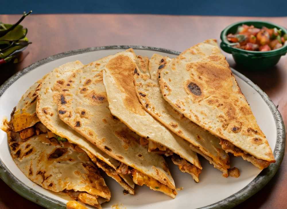 A plate of freshly made quesadillas, a traditional Mexican dish filled with pressed chicharrón, chiles, and epazote.