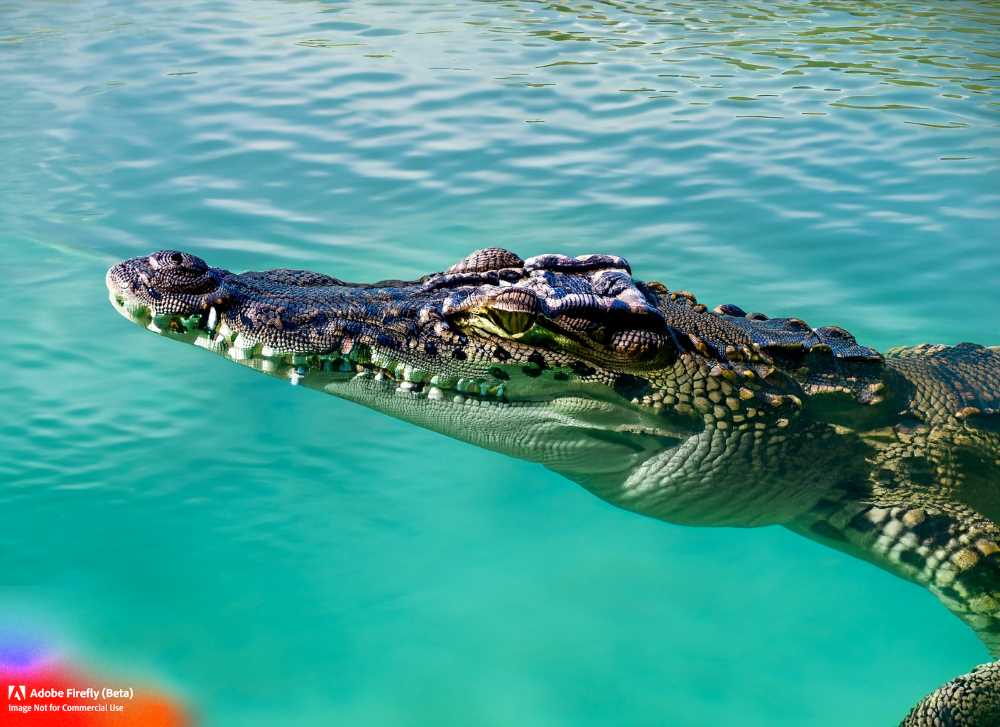 A massive crocodile glides through the turquoise waters, leaving tourists in awe.