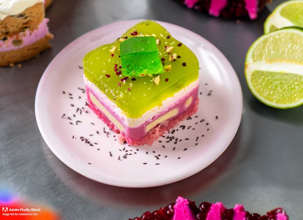 A slice of pure indulgence: Pitaya Cake with its buttery base, velvety cream, and zesty lime jelly.