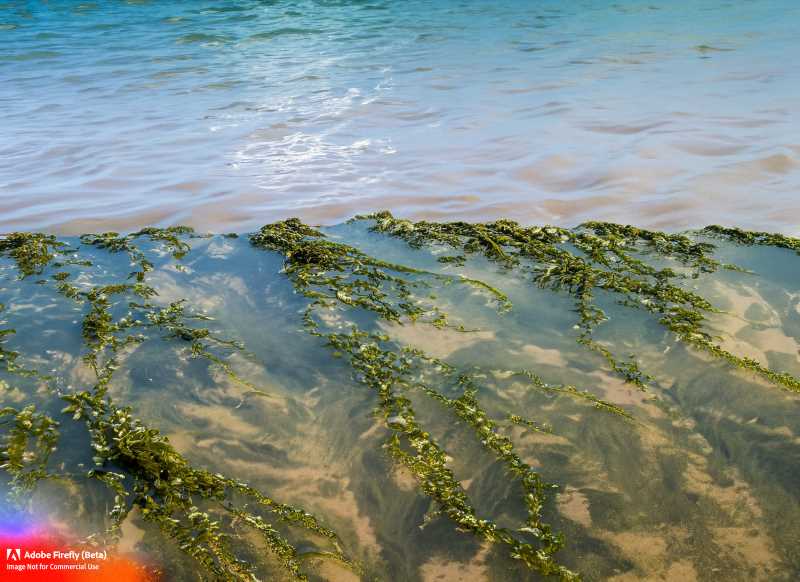 Beachgoers experience the tickling sensation as they wade through the seaweed-infested waters of South Padre Island.
