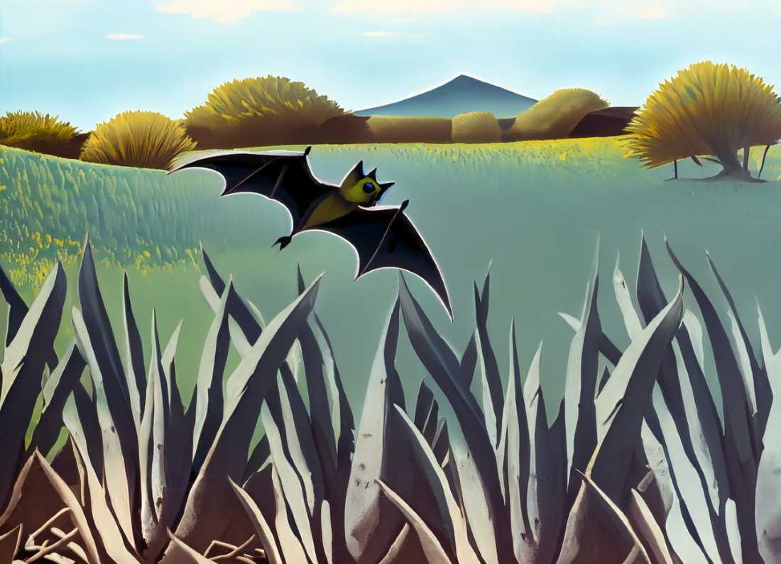 A bat gracefully flits over a field of Agave tequilana, playing its vital role in the pollination.