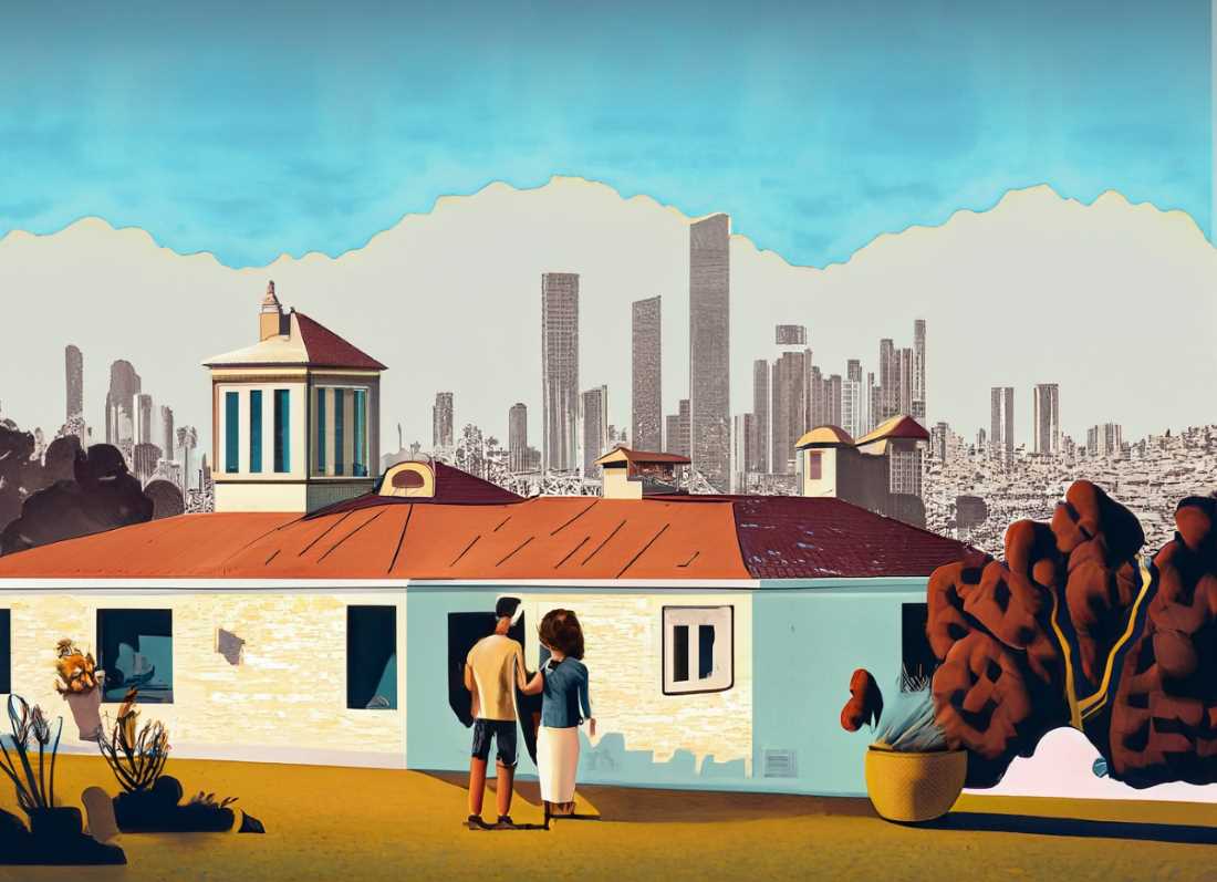 A family gazes at their new home, a testament to Mexico's housing model, set against the distant city skyline.