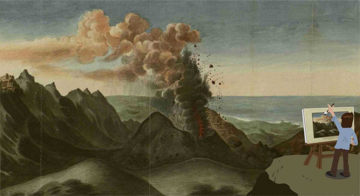 Graphic representation of Atanasio Echeverría painting the eruption of the volcano in San Martín Tuxtla.