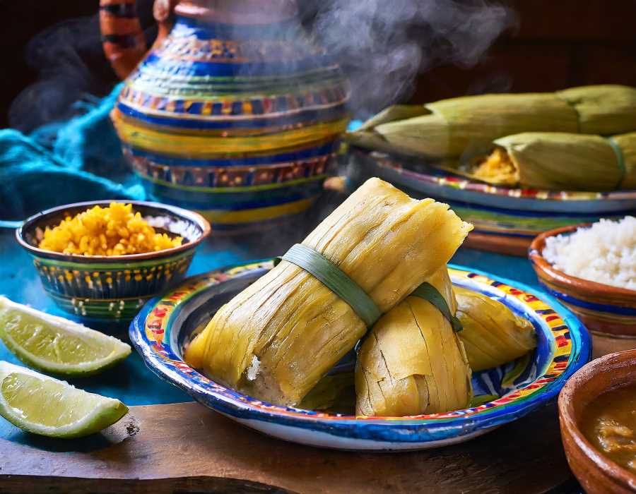 A steaming plate of freshly made rice tamales, a traditional Mexican delicacy with a rich history.