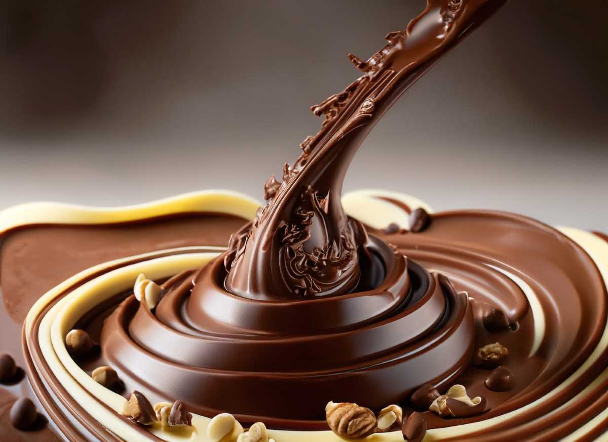 The art of chocolate tempering! A swirl of dark and white chocolate awaits its nutty and fruity adornments.