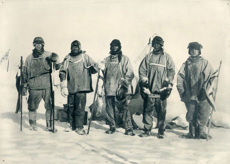 From left to right: Edward Wilson, Robert Falcon Scott, Teddy Evans, Lawrence Oates and Henry Bowers in Antarctica, 1912.