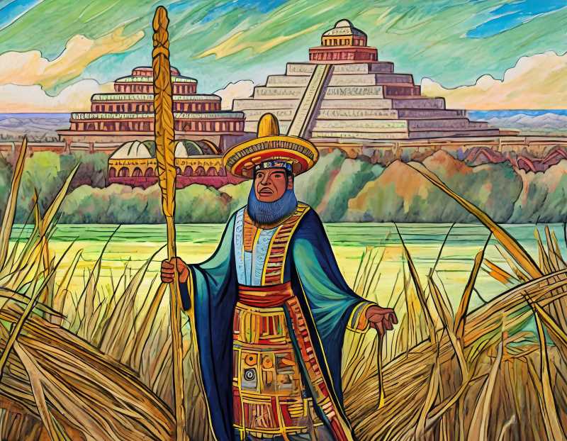 Acamapichtli, the first Aztec ruler, presiding over the evolving cityscape of Tenochtitlan.