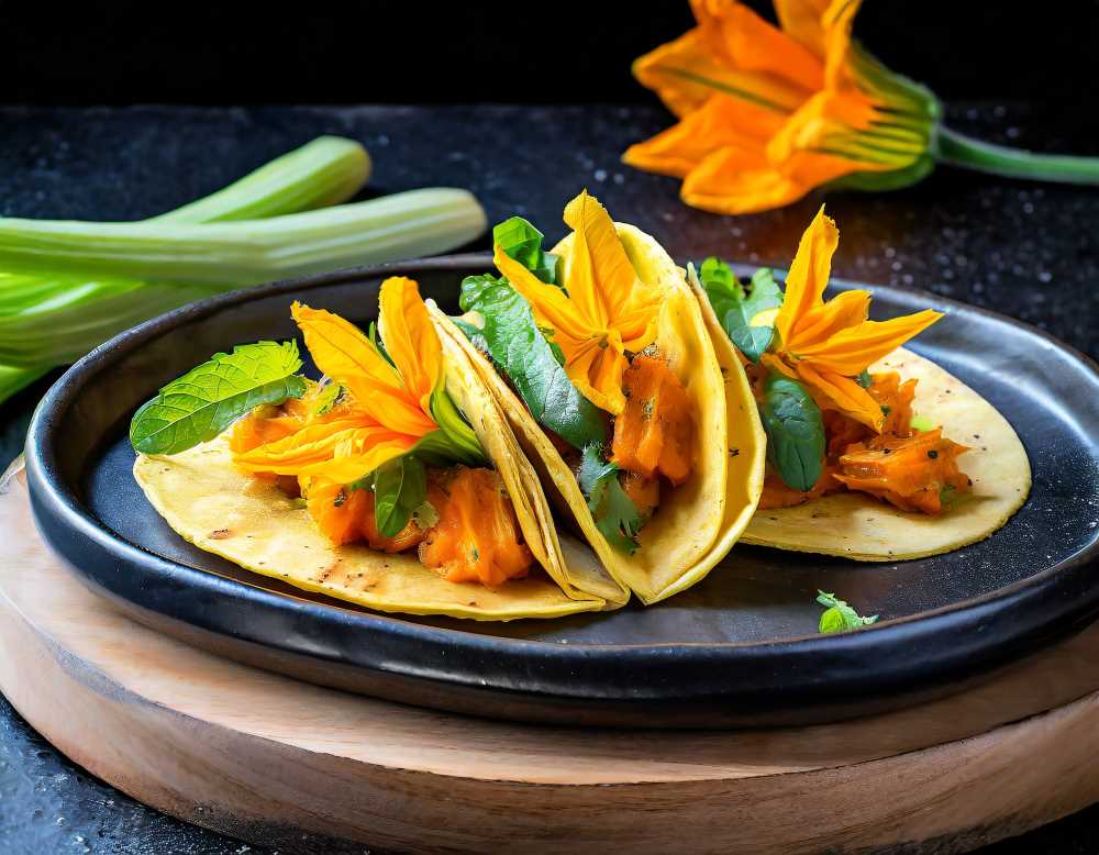 Savor the colors of Mexico: Vibrant squash blossom tacos, a culinary masterpiece of tradition and innovation.